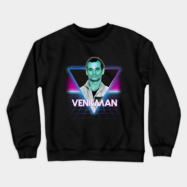 enkman Ghostbusters Retro 80s Neon Landscape Crewneck Sweatshirt by Bevatron